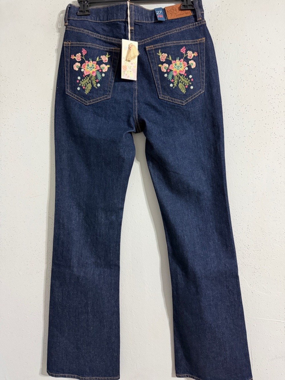 Johnny Was Indigo Flare Jeans with Multicolor Floral Embroidery